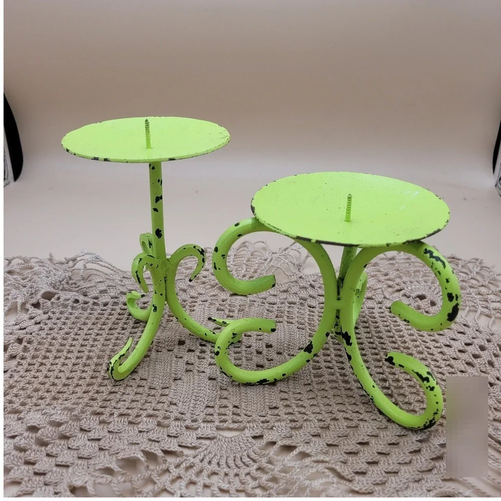 Lime Green Shabby Chic Metal Pillar Candle Holder Set Scroll Cottagecore 2pc